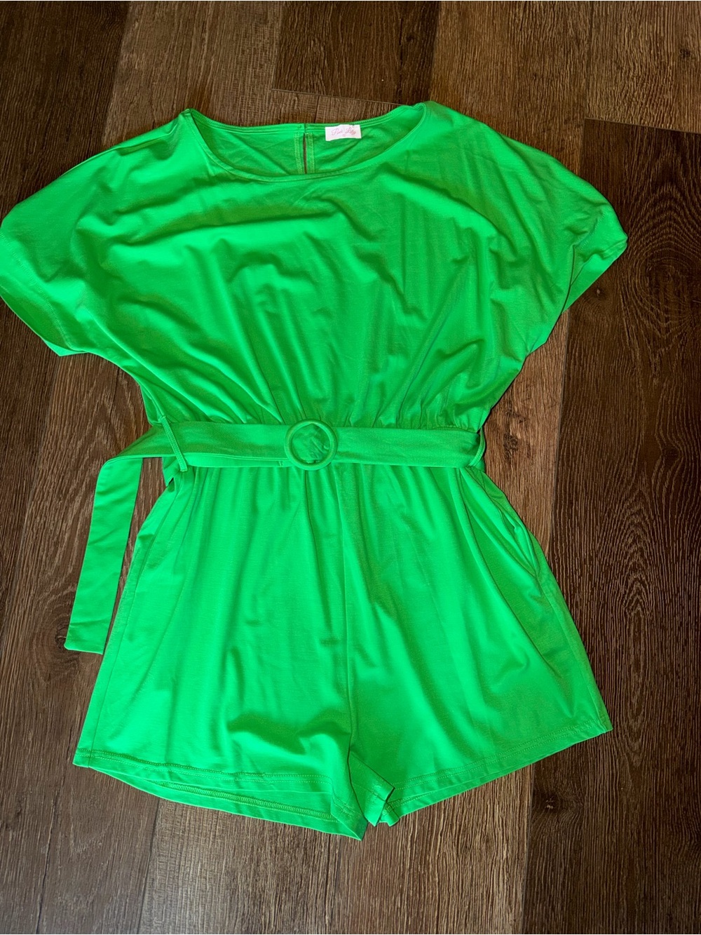 NWOT Pink Lily Bright Green Belted Short Sleeve Romper
